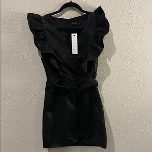 symphony belted shimmer ruffle dress black small NWT